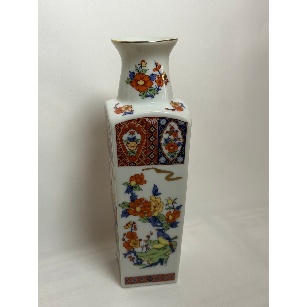 Vintage Japanese Imari Square Porcelain Vase Chinoiserie Floral Bird Gold 8"